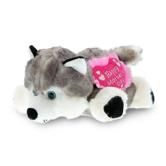 DolliBu Happy Mother's Day Super Soft Plush Sitting Floppy Husky Figure - Cute Stuffed Animal with Pink Heart Message for Best Mommy, Grandma, Wife, Daughter - Cute Dog Pet Plush Toy Gift - 7.5" Inch