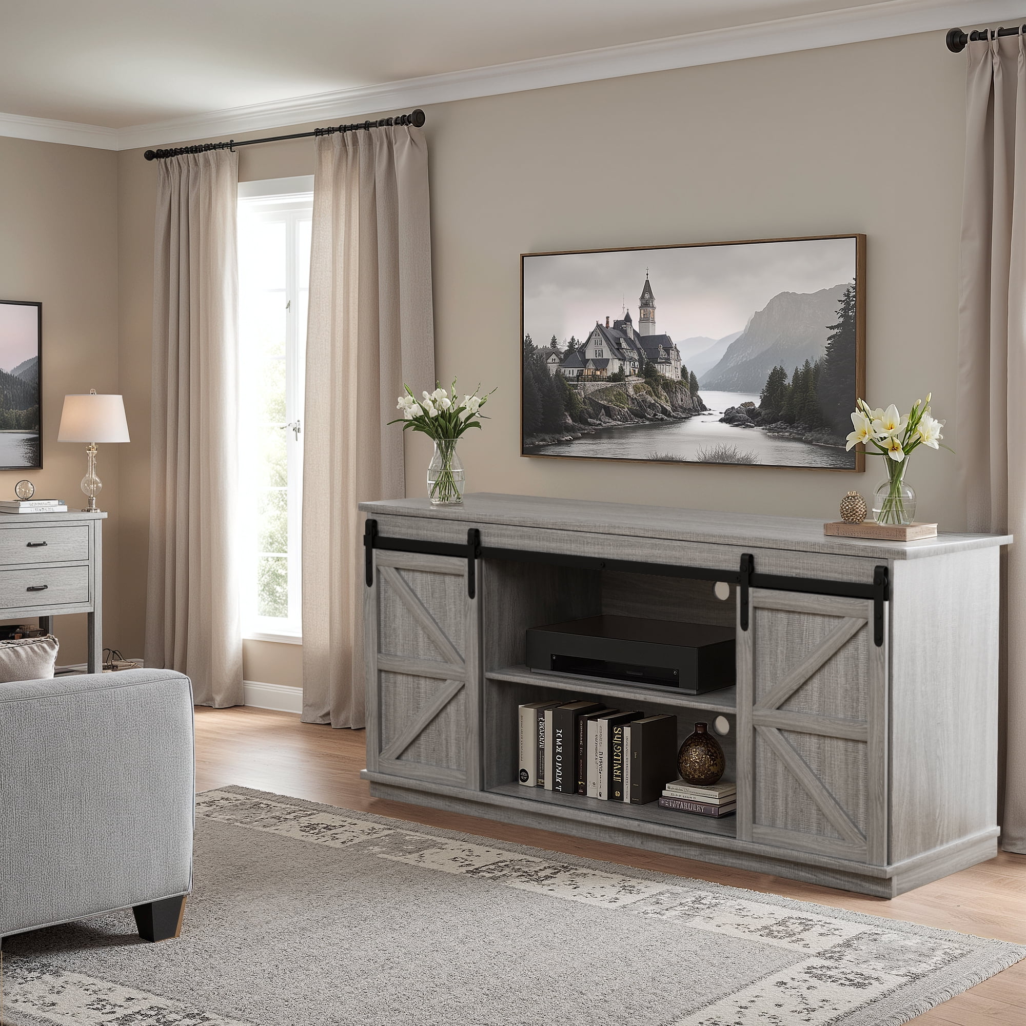 Vineego 58 inch Farmhouse TV Stand and Entertainment Center for Televisions,with Sliding Barn Doors and Storage Cabinets,Gray