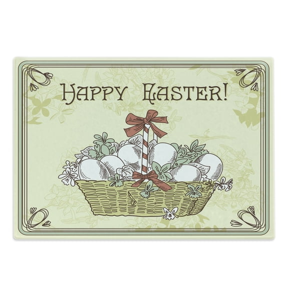 Easter Cutting Board, Happy Easter Calligraphy with Ribbon Basket of Eggs Vintage Style Drawn Print, Decorative Tempered Glass Cutting and Serving Board, in 3 Sizes, by Ambesonne