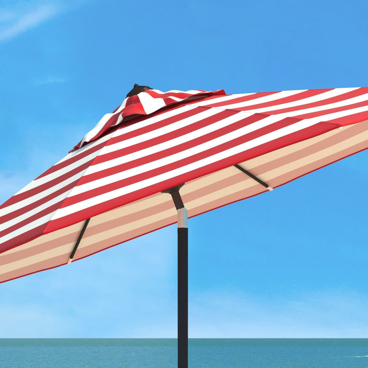 SAFAVIEH Iris 9' Market Auto Tilt Patio Umbrella, Red Stripe