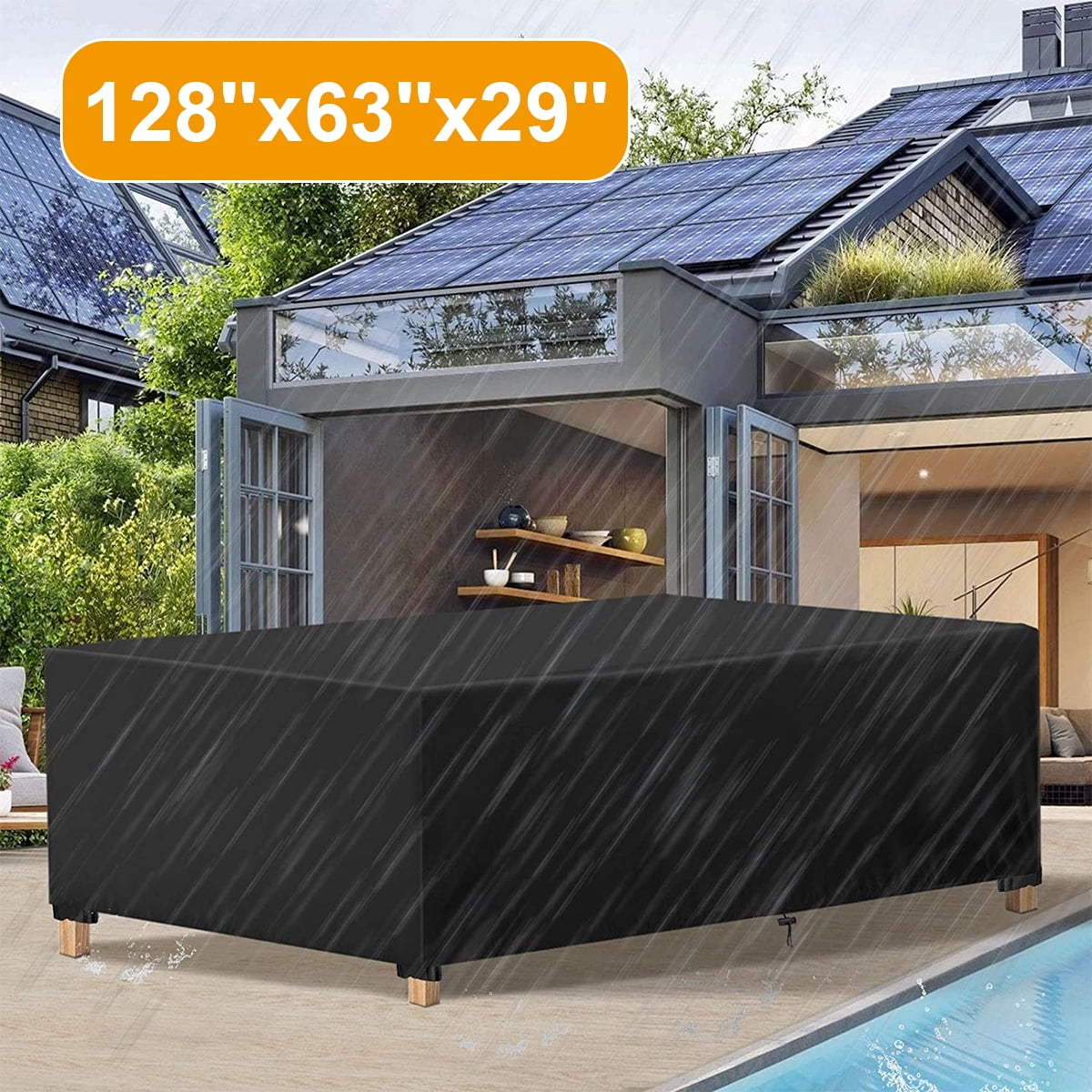 Patio Furniture Cover 128x63x29 inches Patio Cover 420D Waterproof Outdoor Chairs Table Cover for 8-12 Seater Outdoor Furniture UV Protection Cover Black