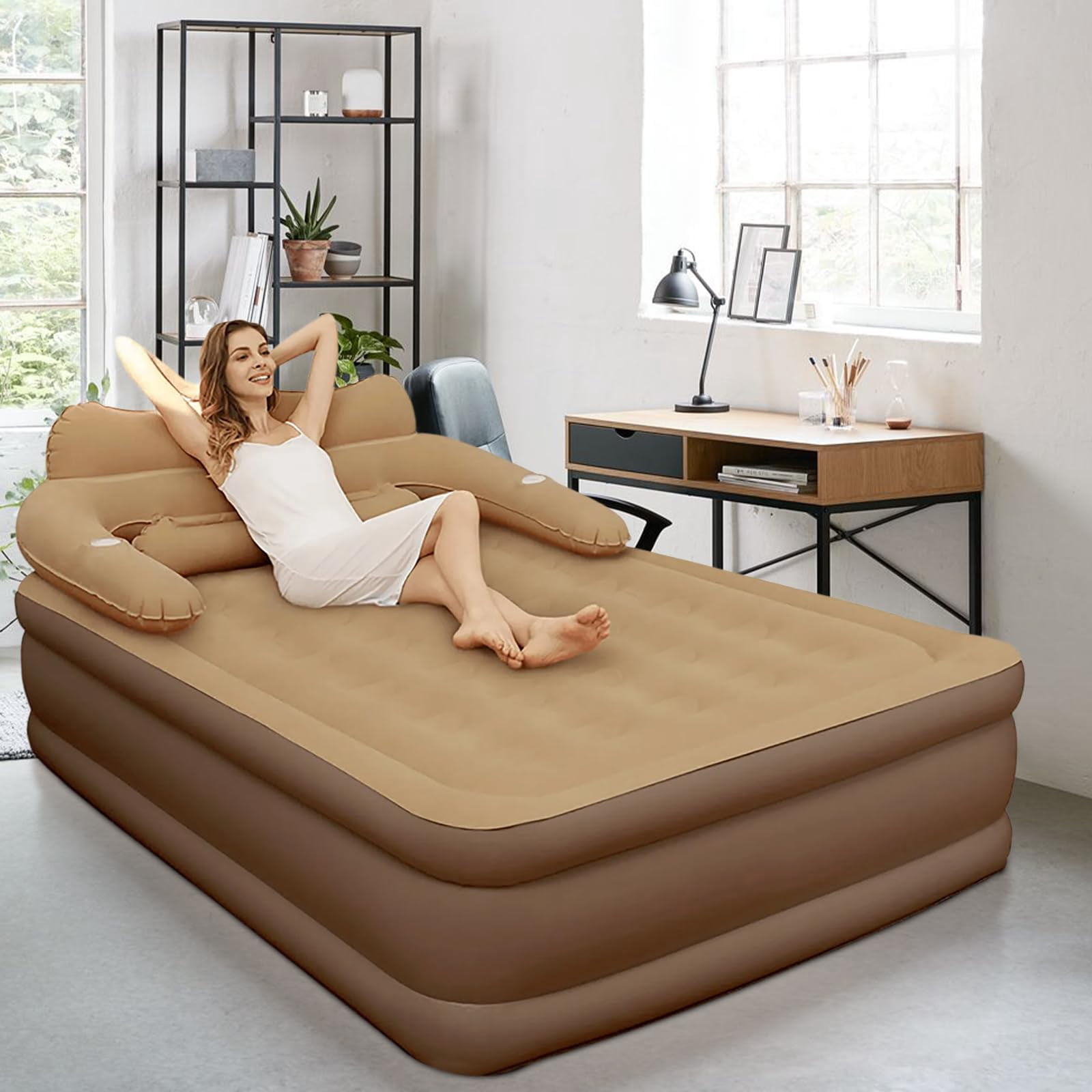 XunKA Air Mattress Queen with Built-in Pump and Headboard，Inflatable Portable Mattress for Home, Camping & Guests,Brown.