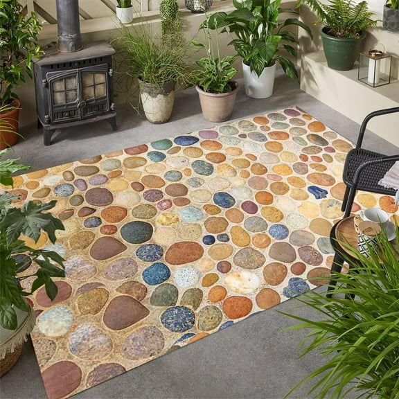 Blue Brown 2'x3' Stone Printed Indoor Outdoor Rug Boho 3D Visual Beach Theme Area Rug for Deck Porch Balcony Patio Waterproof Non Skid Floor Carpet Art Deco Washable Bathmat