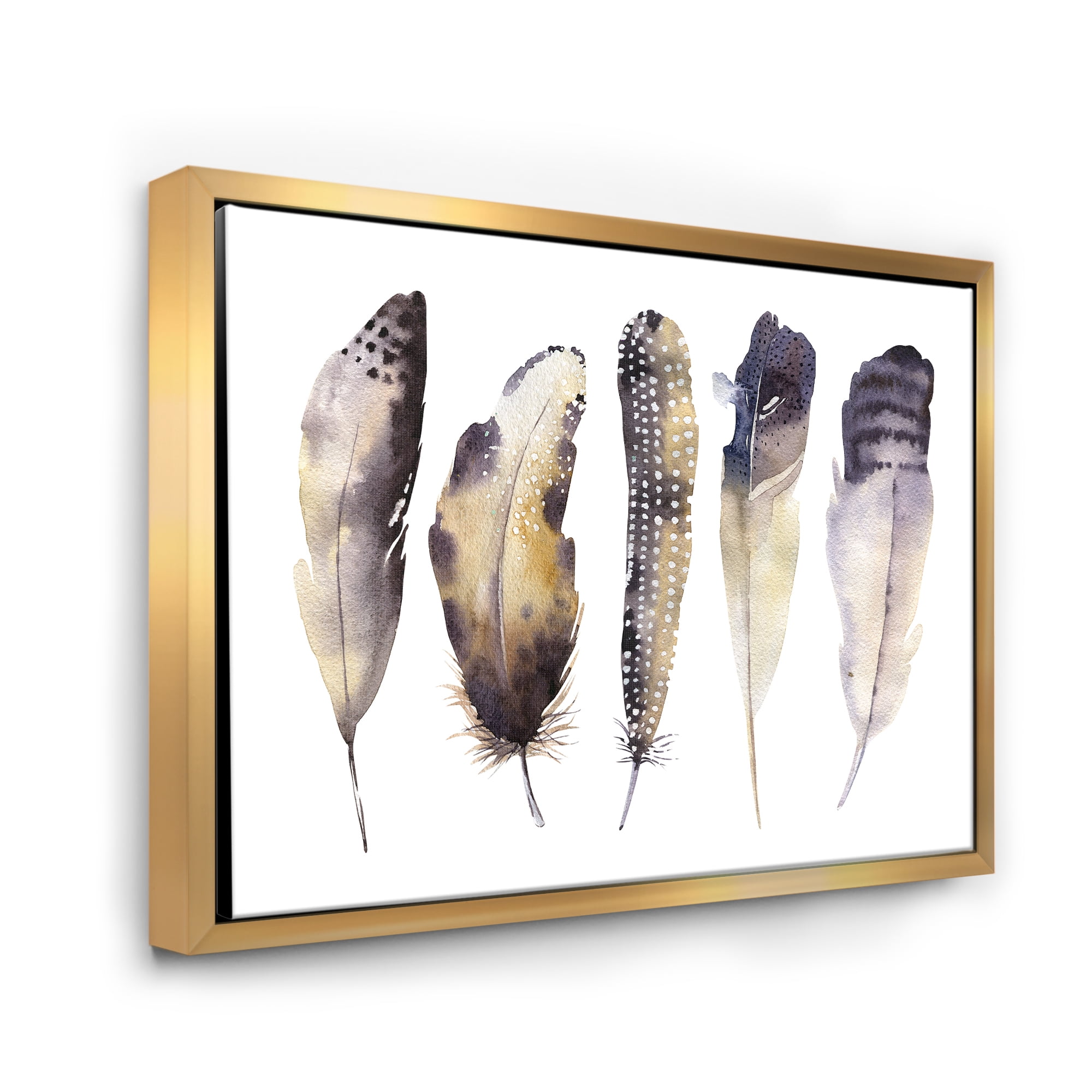 Dark Gray Feathers Boho Ethnic I 32 in x 16 in Framed Painting Canvas Art Print, by Designart