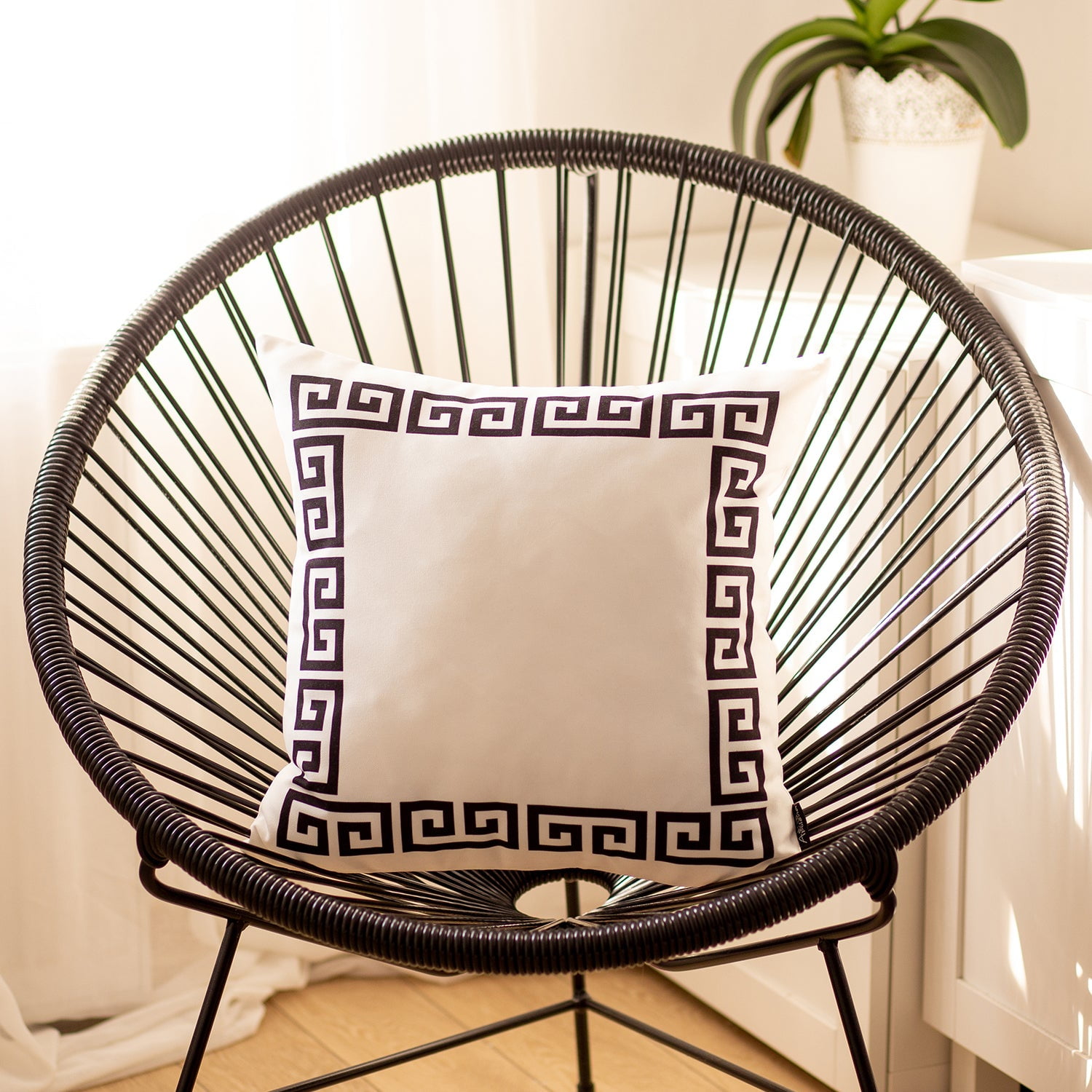 Decorative Single Throw Pillow Cover Greek Key 18" x 18" White & Black Square for Couch, Bedding