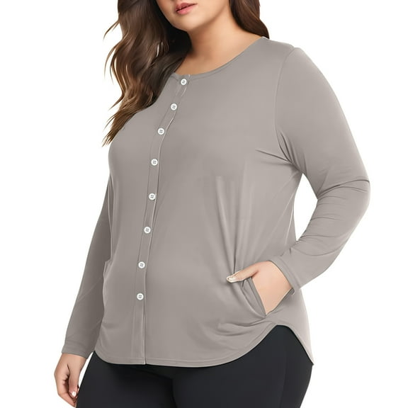 Women's Plus Size Tops Long Sleeve Henley Round Neck Button Up Flowy T Shirts Tunic Loose Blouses Khaki XXXXL