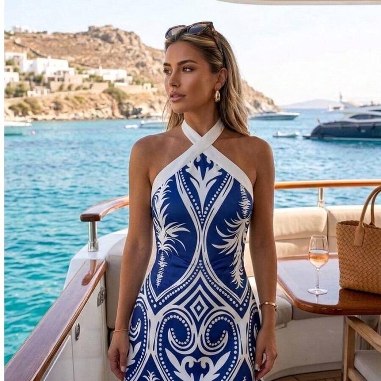 casual blue halter dress /// Blue Halter Neck Printed Mini Dress With Tie Waist, Fitted Casual Beach Holiday Dress For Women, Women's, Size: Large