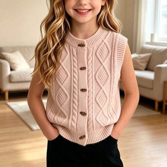 Xdegoge Girls Cable Knit Sweater Vest Sleeveless Button Down Cardigan Crewneck Waistcoat Fall Winter Warm Layering Tops for Kids Casual School Everyday Wear