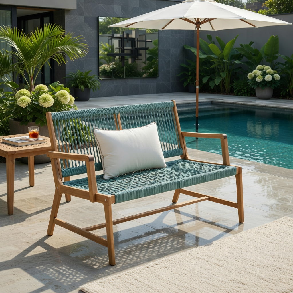 Hommoo 2-Person Acacia Wood Outdoor Bench with Rope Weave Seat, Patio Bench for Backyard, Balcony & Poolside, Turquoise