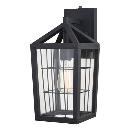 

Vaxcel Gage 7-in Black Outdoor Farmhouse Wire Cage Wall Lantern Dusk to Dawn 1-Light Wall Lamp Sconce with Clear Glass Panels