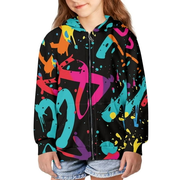 POLERO 6-7 Years Boys Zip Up Hoodies Kids Color Graffiti Graphic Hooded Sweatshirt with Pockets Casual Winter Jackets