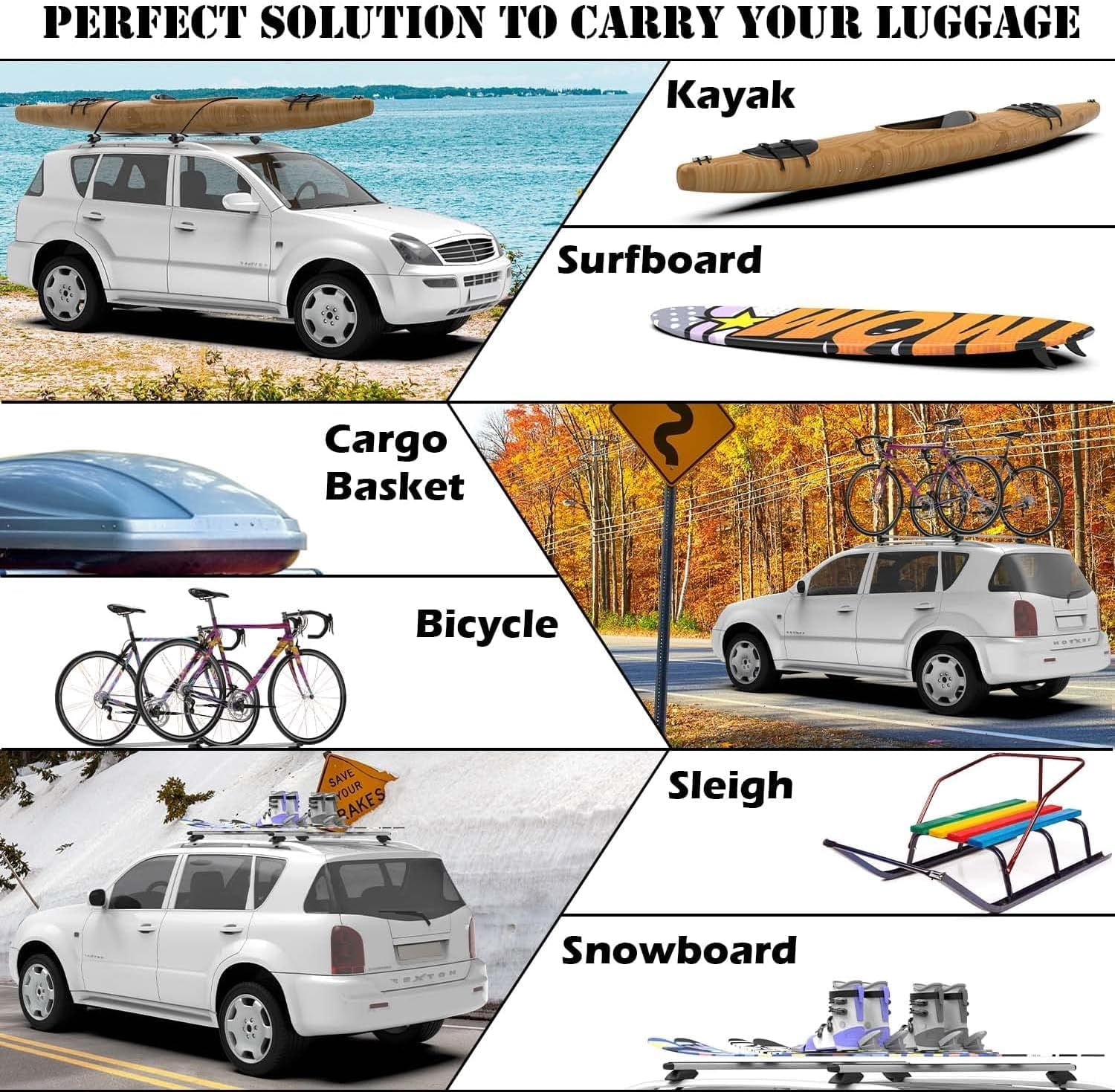 53 Inch Aluminum Roof Rack Cross Bars for Raised Side Rails, Adjustable Cargo Bars, Hold 165 LBS, Silver