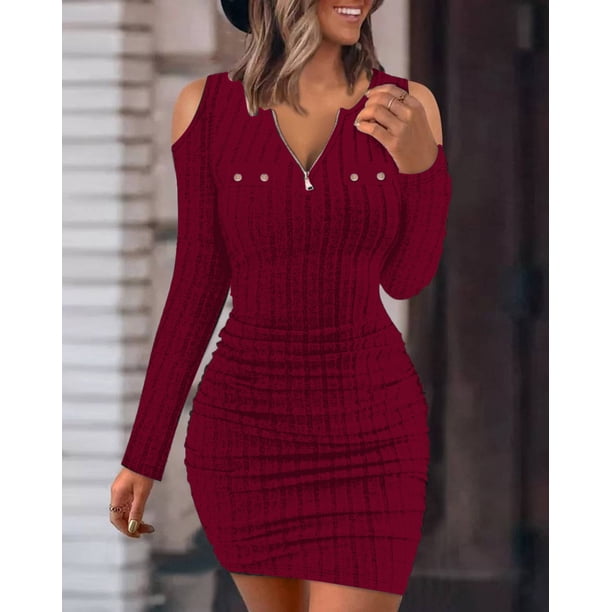Vestido de mujer a la moda 2024 Otoño Invierno con hombros descubiertos y cremallera acanalado Casual liso manga larga ceñido al cuerpo Mini vestidos de línea A