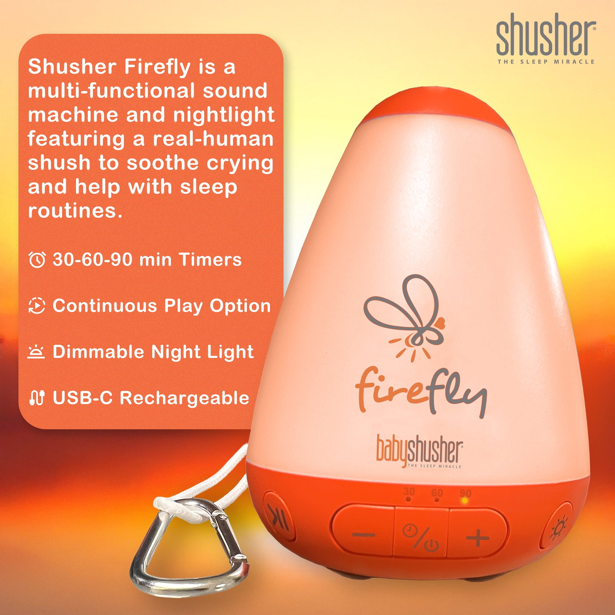 Shusher Firefly Sound Machine for Babies with Adjustable Amber Night Light for Newborns & Toddlers