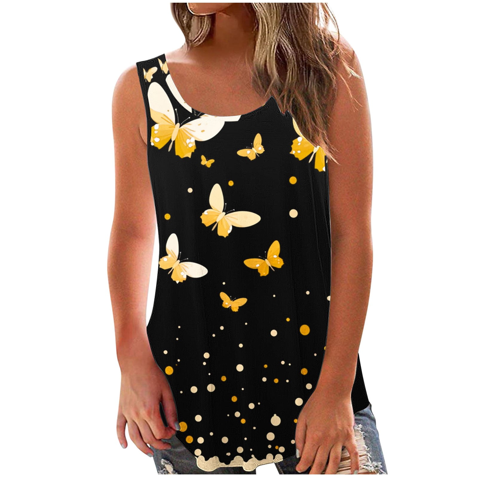 Staron Hauts d'Été pour Femmes 2025 Fluides Coupe Ample Sans Manches T-Shirts Basiques Tendance Blouses à Col Rond Hauts à Imprimé Floral Jaune TG