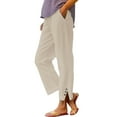 thumbnail image 2 of Beige Womens Sweatpants Women Solid Straight Solid Elastic Pants Long Linen Women Waist Cotton Casual Slit Trouser Legs Pants Casual Pants Women, 2 of 6
