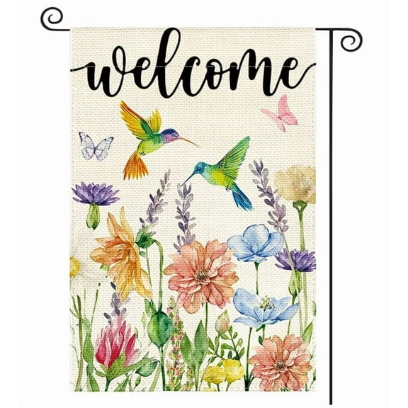 JASGARDE Hummingbird Spring Flowers Garden Flag 12 x 18 Inch Double Sided, Seasonal Welcome Yard Outdoor Flag