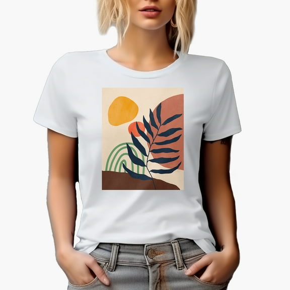 Aesthetic Minimalism Boho Rainbow, Sun & Botanical Art Merch Gift, White T-Shirt, Small