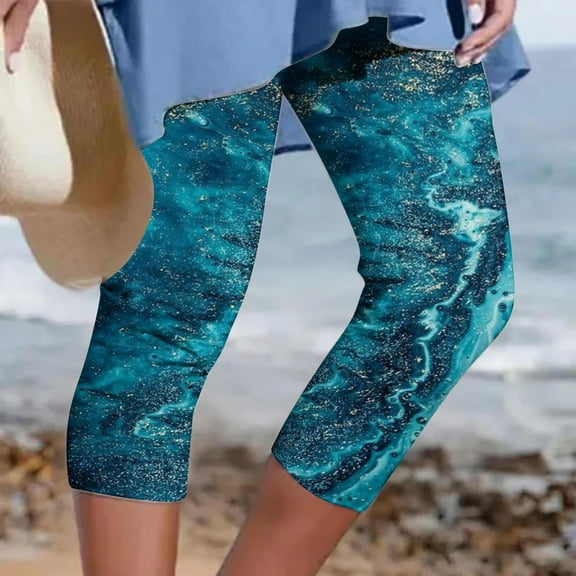 Sakmal Plus Size Womens Leggings Blue High Waisted Beach Soft Yoga Pants 7/8th Graphic Tropical Leggings