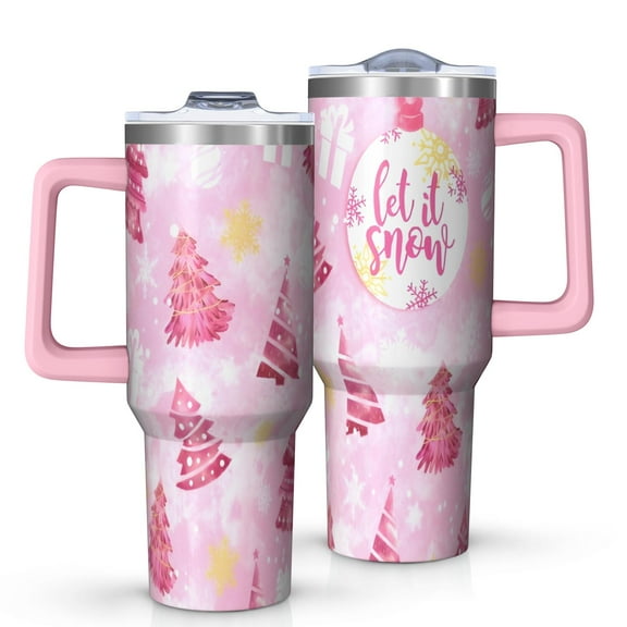 Pink Christmas Tree Tumbler with Handle and Lid,40oz Double Wall Vacuum Insulated Tumbler,Cups Gift for Women and Men