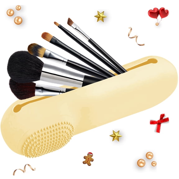 Travel Makeup Brush Holder, Portable Silicone Makeup Brush Holder Makeup Brush with Magnetic Closure, Soft & Trendy Make up Brush Bag for Women, Curry