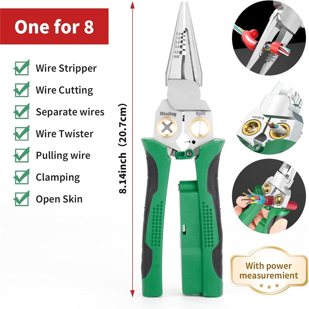 8 in1 Wire Stripper Twister for Cutting and Pulling Wires, Cable Scissors,Voltage Tester Pliers, 12V to 250V Live,Null,Hot Wire Judgment AC DC, Audible and Flashing LED Alarms