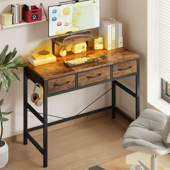 Small Computer Desk 30 Inch with 3 Fabric Drawers, Office Desk with LED and Monitor Stand, Gaming Desk with Hooks for Small Space, Study Writing Table for Kids Bedroom, Rustic Brown