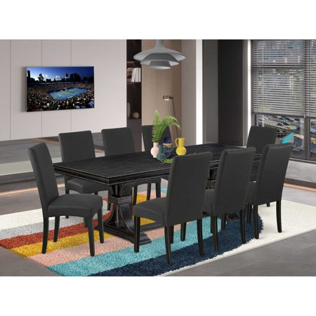 Luxe by East West Luxy Furniture LEDR9-SBB-24 - 9-piece kitchen table set consists of a rectangular table and 8 Black Linen Fabric dining chairs with Padded Chair Back - Sand Blasting Black Finish.