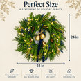 thumbnail image 2 of 24 Inch Artificial Norfolk Pine Christmas Wreath with Battery-Operated Warm White Lights, Blue Berries, Pinecones, Gold Bells and Navy Bow, Batteries Not Included, 2 of 10