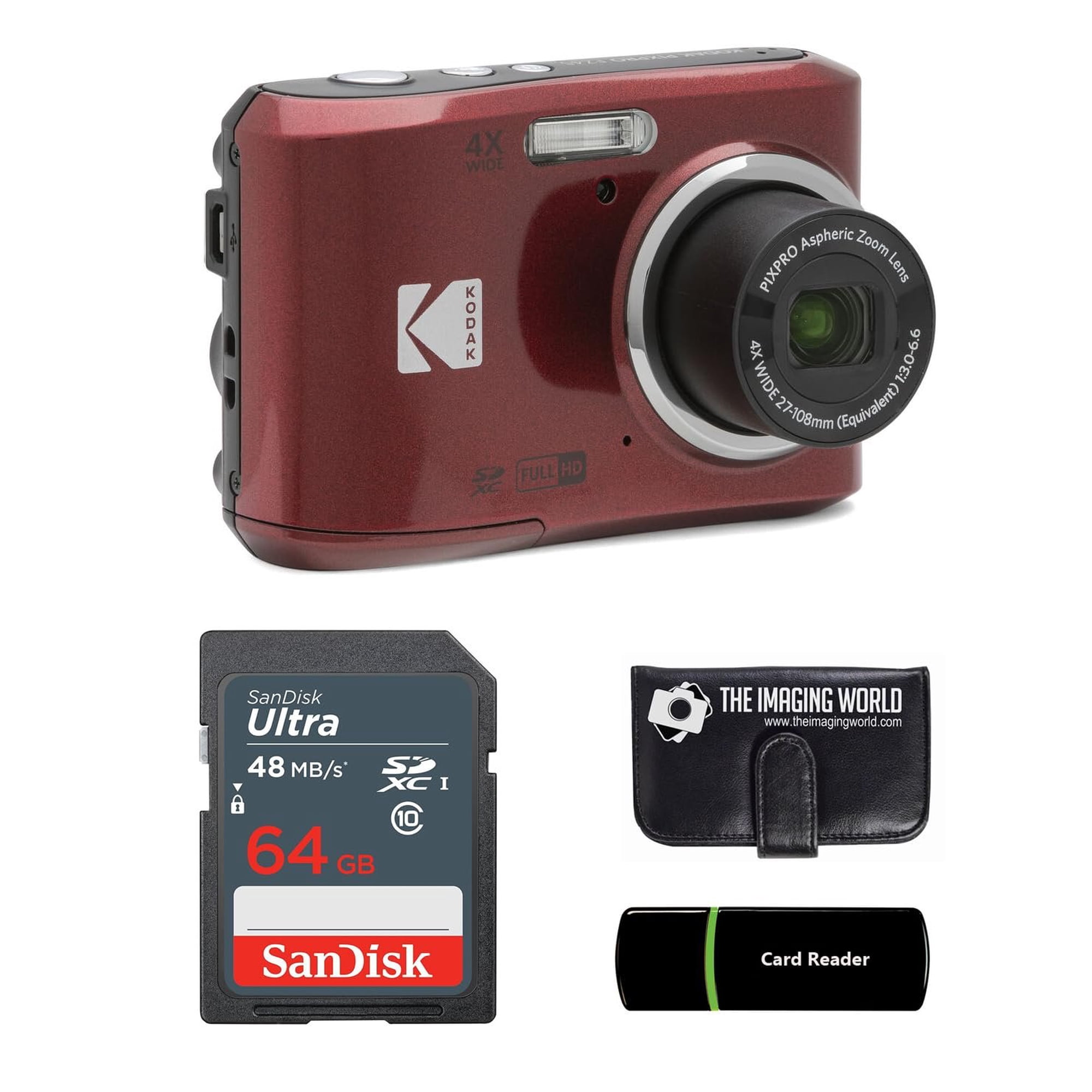 Kodak PIXPRO FZ45 16MP Digital Camera 4X Optical Zoom 27mm Wide Angle 1080P Full HD Video 2.7" LCD Camera Red + 64GB Card and Reader + Memory Wallet Bundle