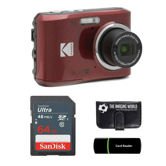 Kodak PIXPRO FZ45 16MP Digital Camera 4X Optical Zoom 27mm Wide Angle 1080P Full HD Video 2.7" LCD Camera Red 64GB Card and Reader Memory Wallet Bundle