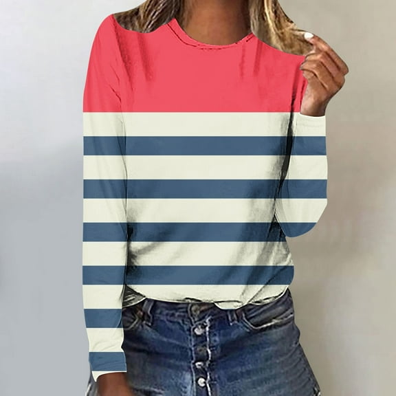 Aufmer Womens Long Sleeve Tees Clearance Multicolor Striped Long Sleeve Round Neck Button Front Sweaters for Women Pullover Casual