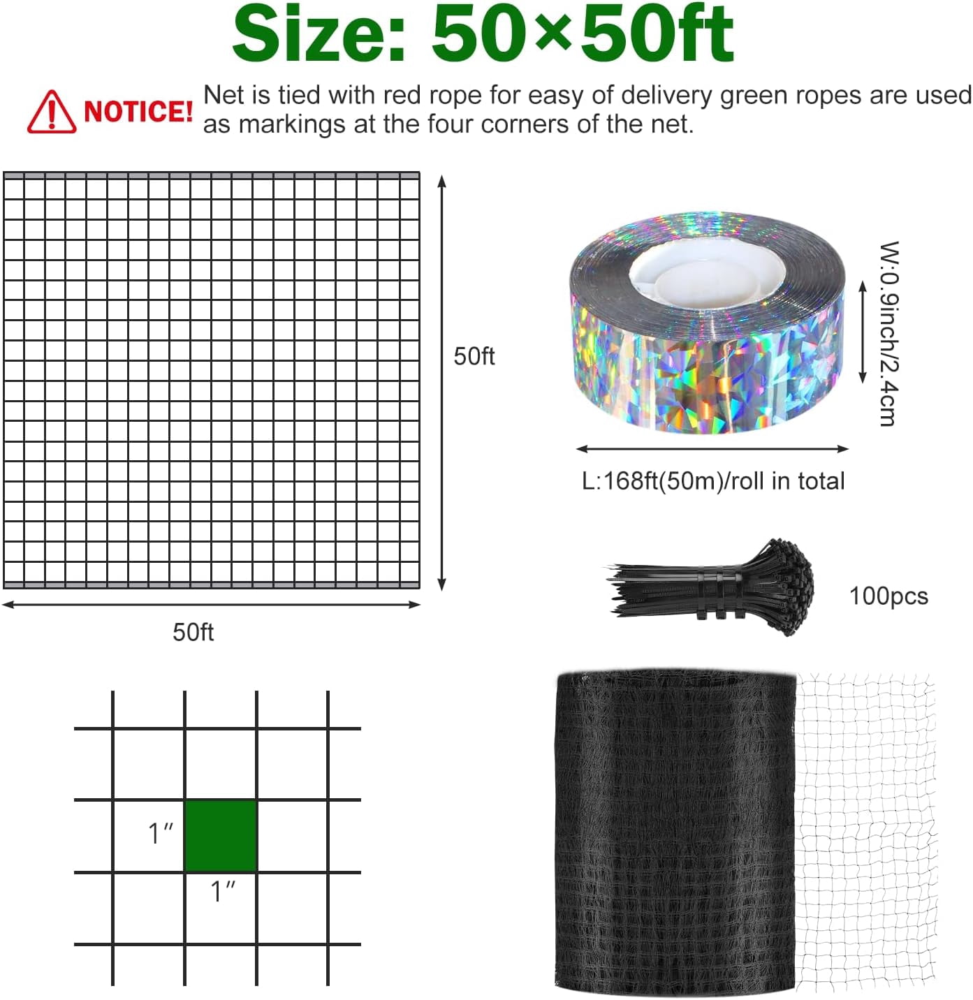 Poultry Netting 50x50 ft, 1" Square Mesh Heavy Duty Chicken Run Net, Garden Netting to Protect Plants, Fruit Trees, Vegetables from Birds, Deer, Pests & Animals for Farm, Orchard, Coop