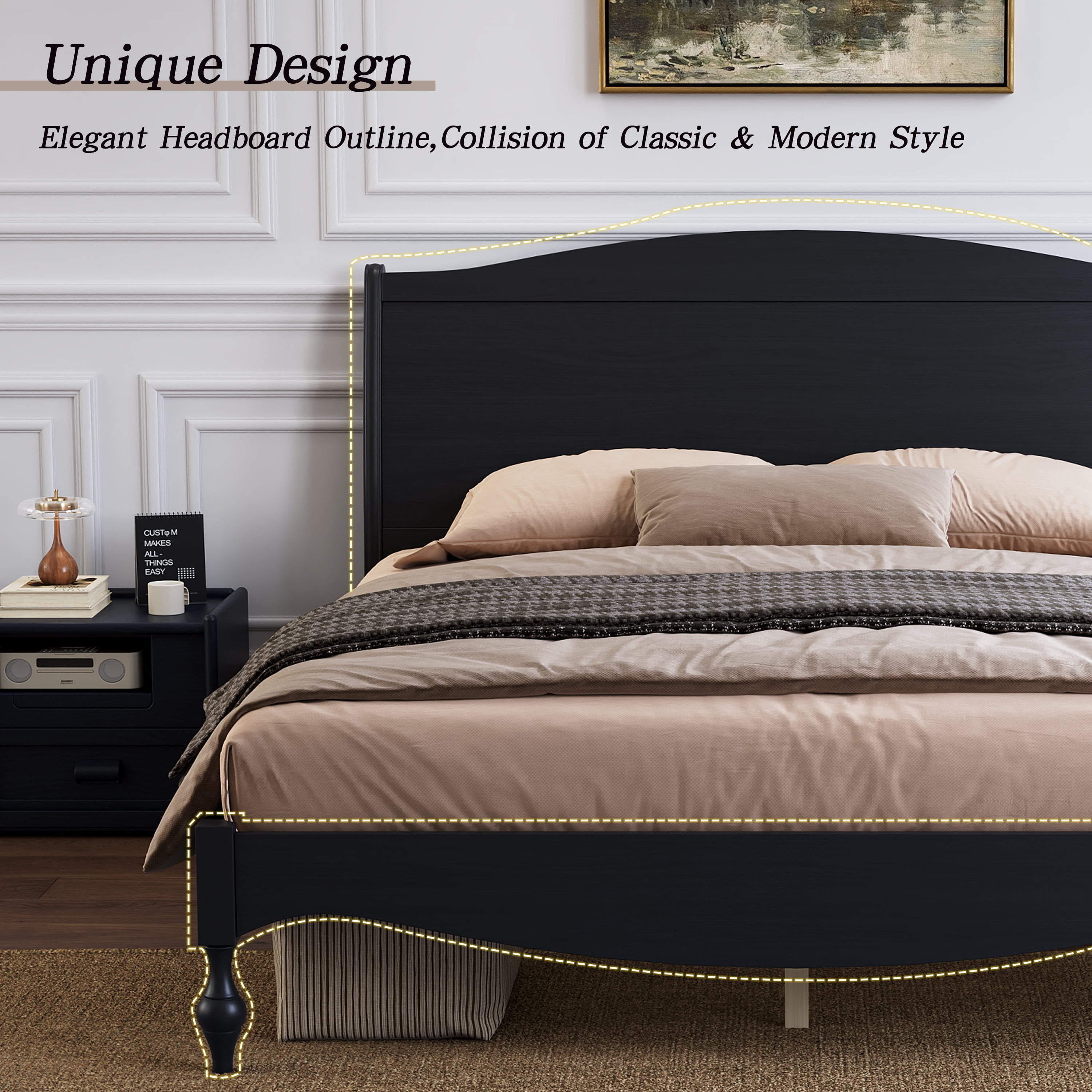 Mintazer Vintage Curved Full Platform Bed with Traditional Arched Headboard & Turned Legs for Bedroom, No Box Spring Needed, Easy Assembly, Black