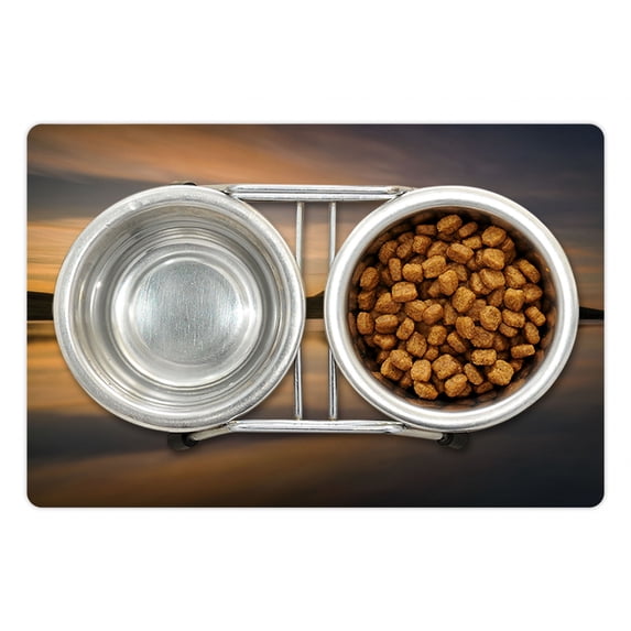 Iceland Pet Mat for Food and Water, Nature Sunset Scenic Photo with Mountain and Sun Blurry Reflection on Water, Non-Slip Rubber Mat for Dogs and Cats, 18" X 12", by Ambesonne