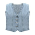 thumbnail image 3 of Womens Cropped Denim Vest Button Front Sleeveless Jean Jackets Casual Y2k Western Waistcoat Light Blue, L, 3 of 6
