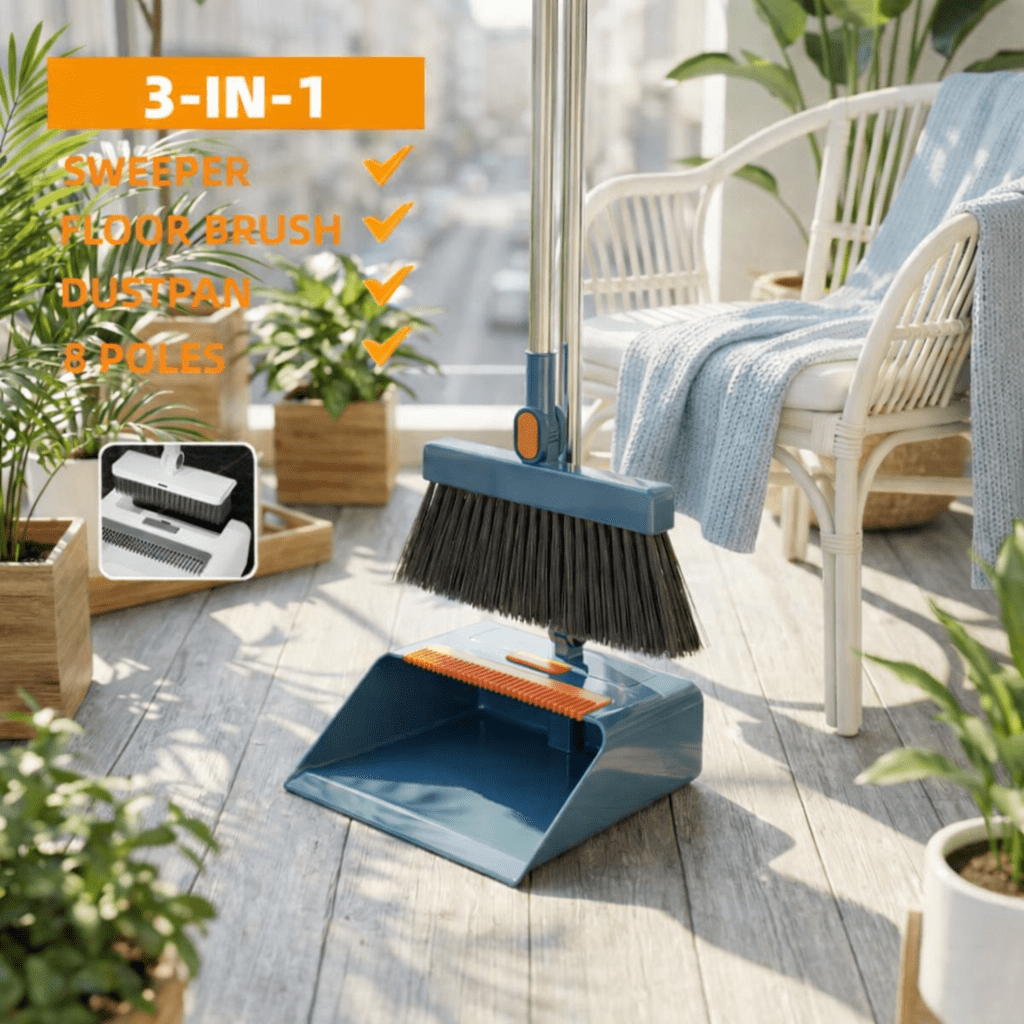 Michnild 3 in 1 Broom and Dustpan Set with Adjustable Push Broom