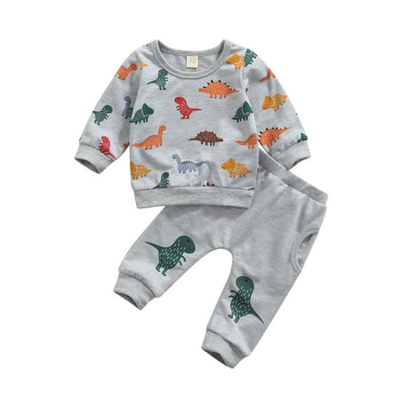 

Mioliknya Kids Tracksuit Cartoon Dinosaur Long Sleeve Pullover + Casual Pants Set