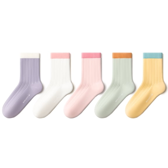 Beibi 5-Pair Pack Girls' Mid-Calf Socks Solid & Striped Patterns All-Season Use Suitable for Children 4 Years and Up