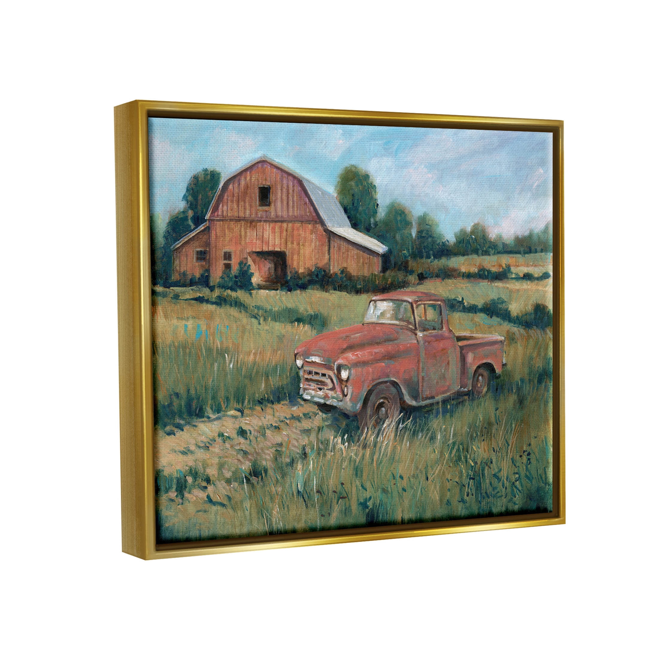 Stupell Industries Red Pickup Truck Rural Barn Farmland Painting Metallic Gold Floating Framed Canvas Print Wall Art, Design by Tim OToole
