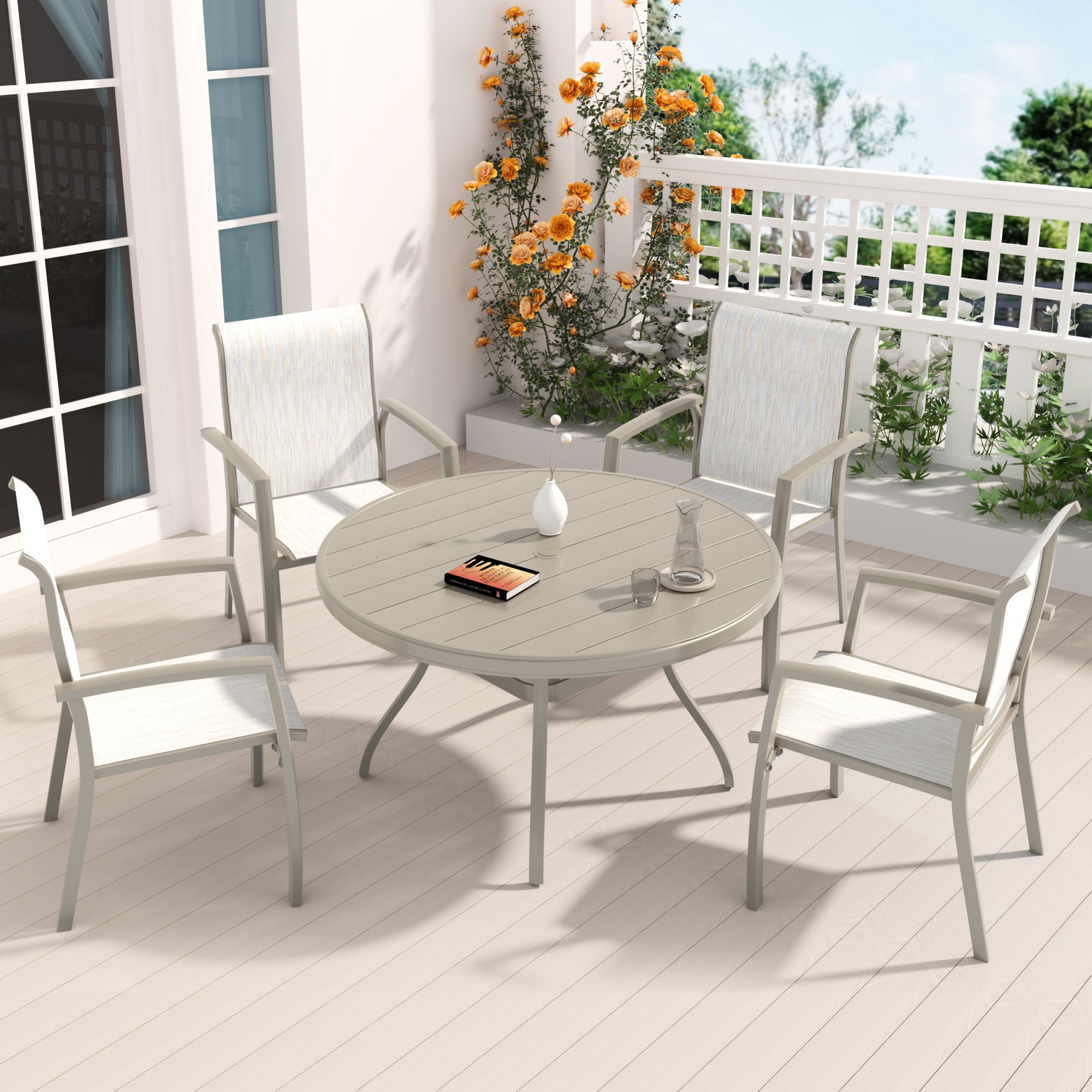Outdoor Round Patio Dining Table for 4-6, All Weather Metal Dining Table with Umbrella Hole for Deck Lawn Garden Backyard, Sandstone Color