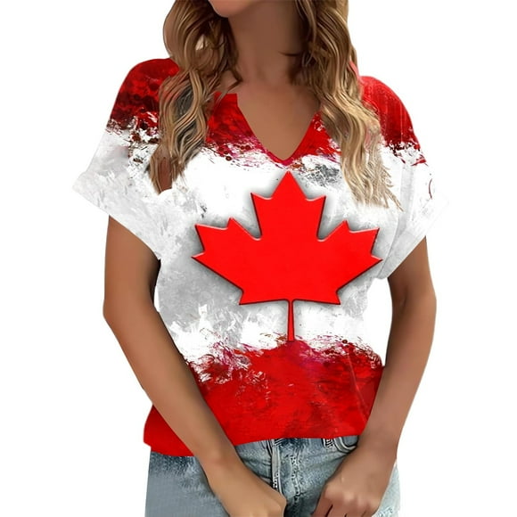 DGMIOCS Women's Canadian Flag Canada Maple Leaf V-Neck T-Shirt Red M