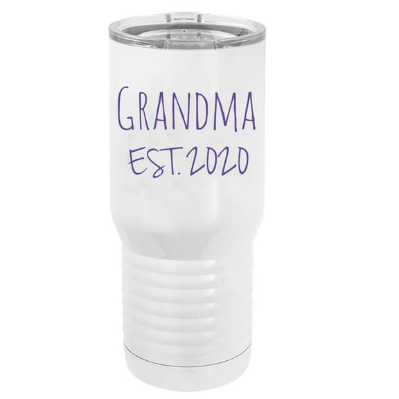 Grandma Est. 2020 Established Stainless Steel Vacuum Double-Walled Insulated 20 Oz Tumbler Travel Coffee Mug with Clear Lid, White