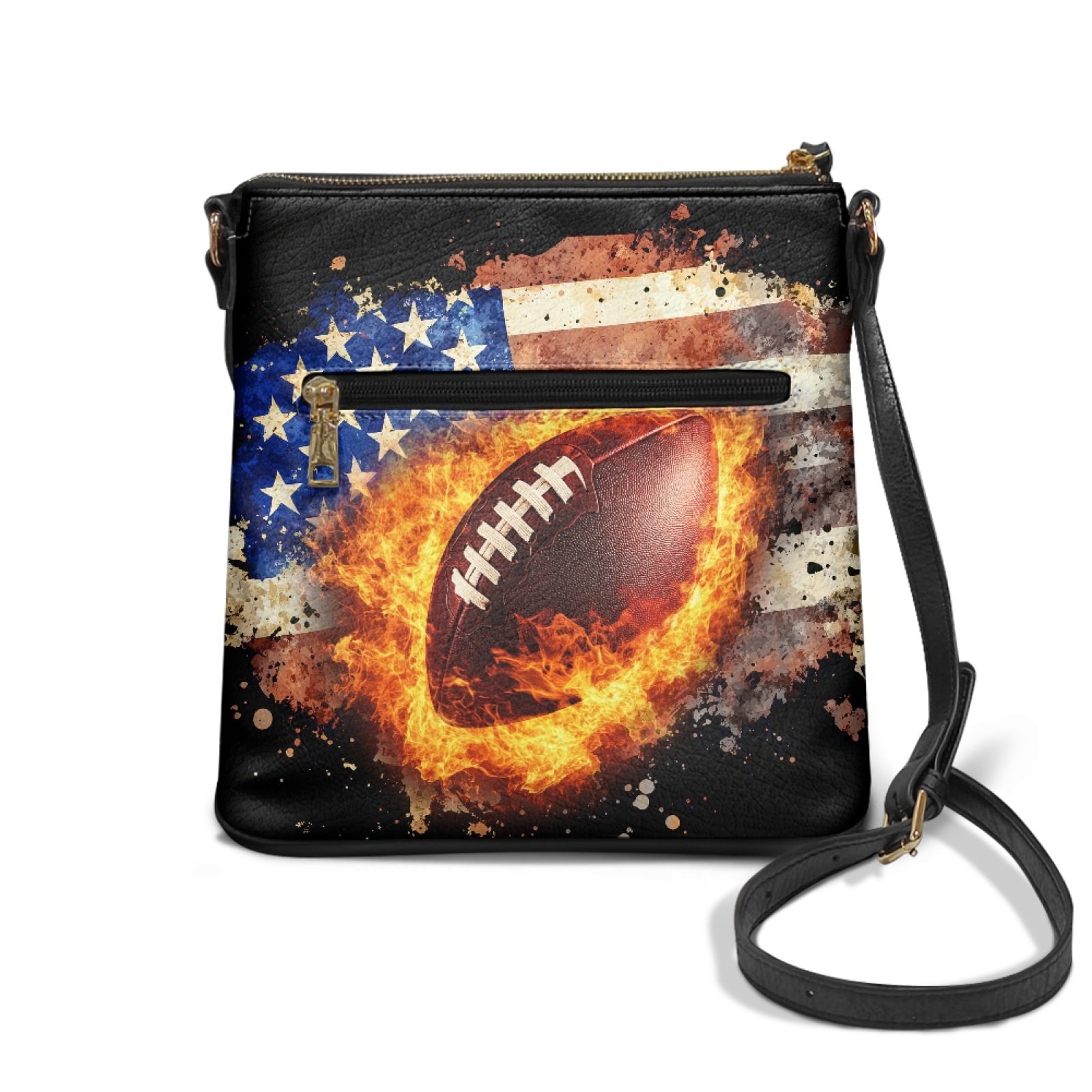 LedBack Football Print Leather Crossbody Purse for Women Ladies, Zipper American Flag Cross Body Bag Satchel Bag Messenger Purse Multi Pockets Satchel Purse with Adjustable Strap, Black