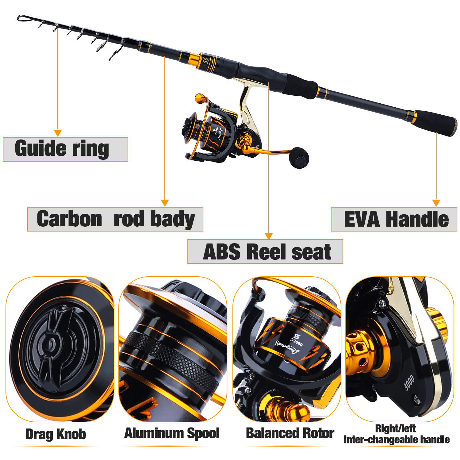 Sougayilang Telescopic Fishing Rod with CNC Reel Seat, Portable Retractable  Rod, Travel Fishing Pole for Bass Salmon Trout Fishing