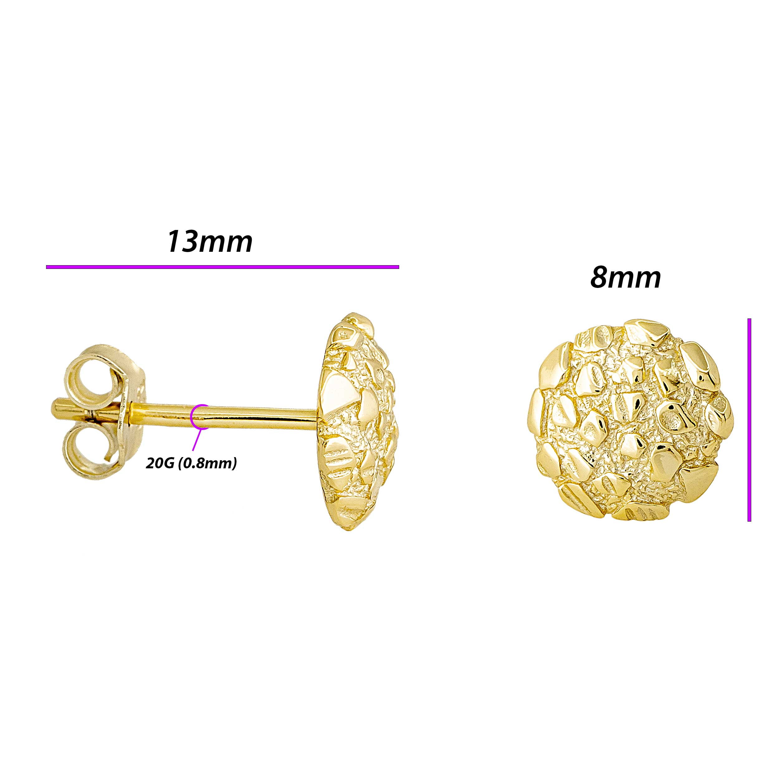Nugget Stud Earrings - Yellow Gold Plated Sterling Silver Textured Chunky Studs - Hypoallergenic Minimalist Earrings for Men-Women 8mm
