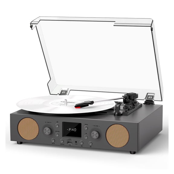TANLANIN Record Player 3-Speed Belt-Driven Turntable with Built-in Speakers, FM Radio, Bluetooth, RCA Line Out, AUX in, USB Recording & Auto Stop - Gray