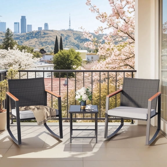 Outdoor Furniture Set, Patio Bistro Set for 2 with Rocking Chairs, Glass Coffee Table & Removable Cushion for Garden Backyard Balcony Lawn Pool, Gray