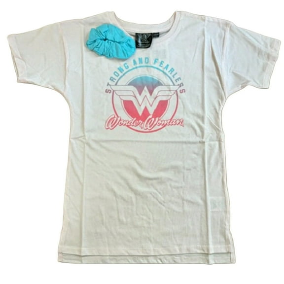 Wonder Woman Strong and Fearless Pink Big Girl's T-Shirt With Hair Scrunchie - Small (7/8)