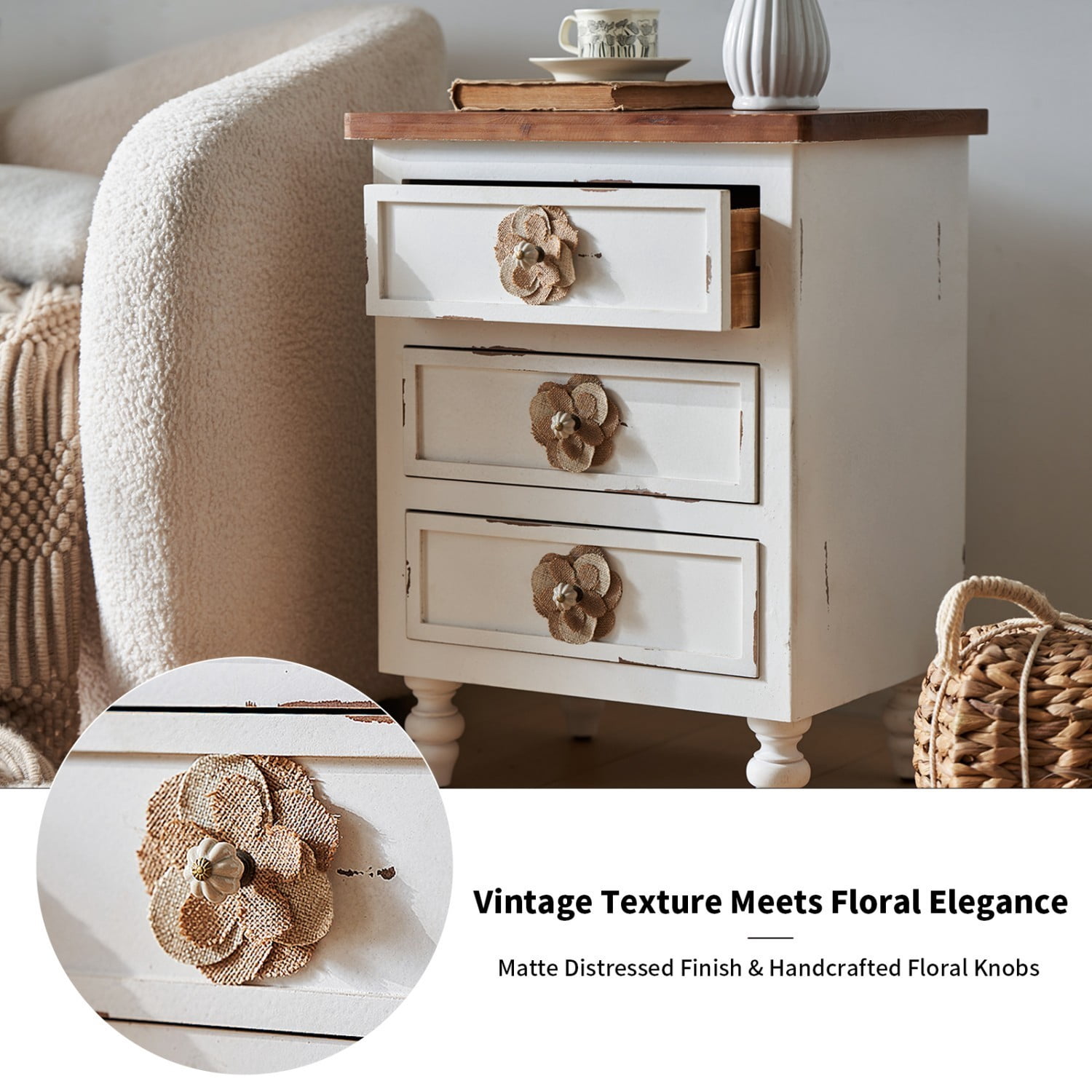 Vintage Farmhouse Nightstand, 3 Drawer Rustic End Table with Floral Knobs and Gourd Legs, Distressed Antique White Bedside Storage Cabinet for Bedroom Living Room
